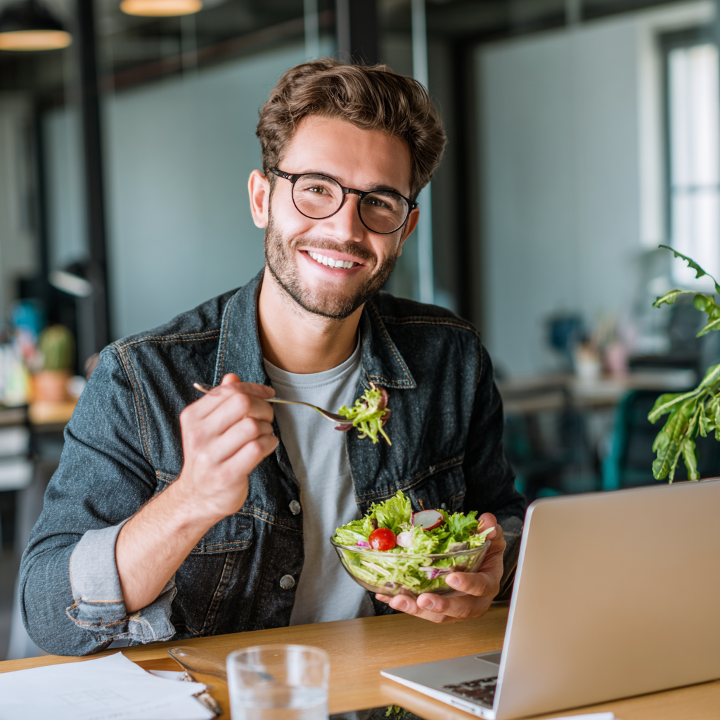 Усмихната българка на средна възраст приготвя здравословна салата в модерна кухня, облечена в ярка блуза и престилка