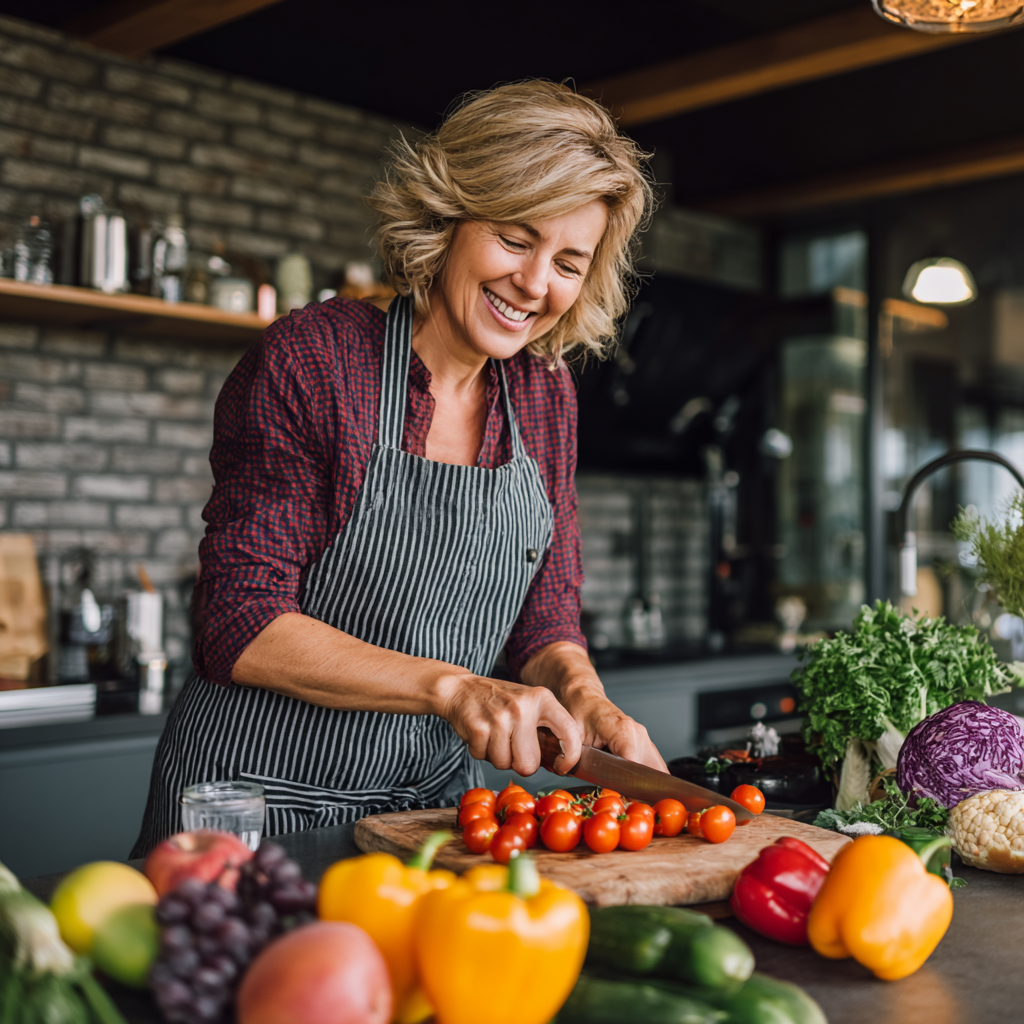 Млад български мъж яде здравословна салата в модерен офис, усмихнат и доволен, с лаптоп на бюрото