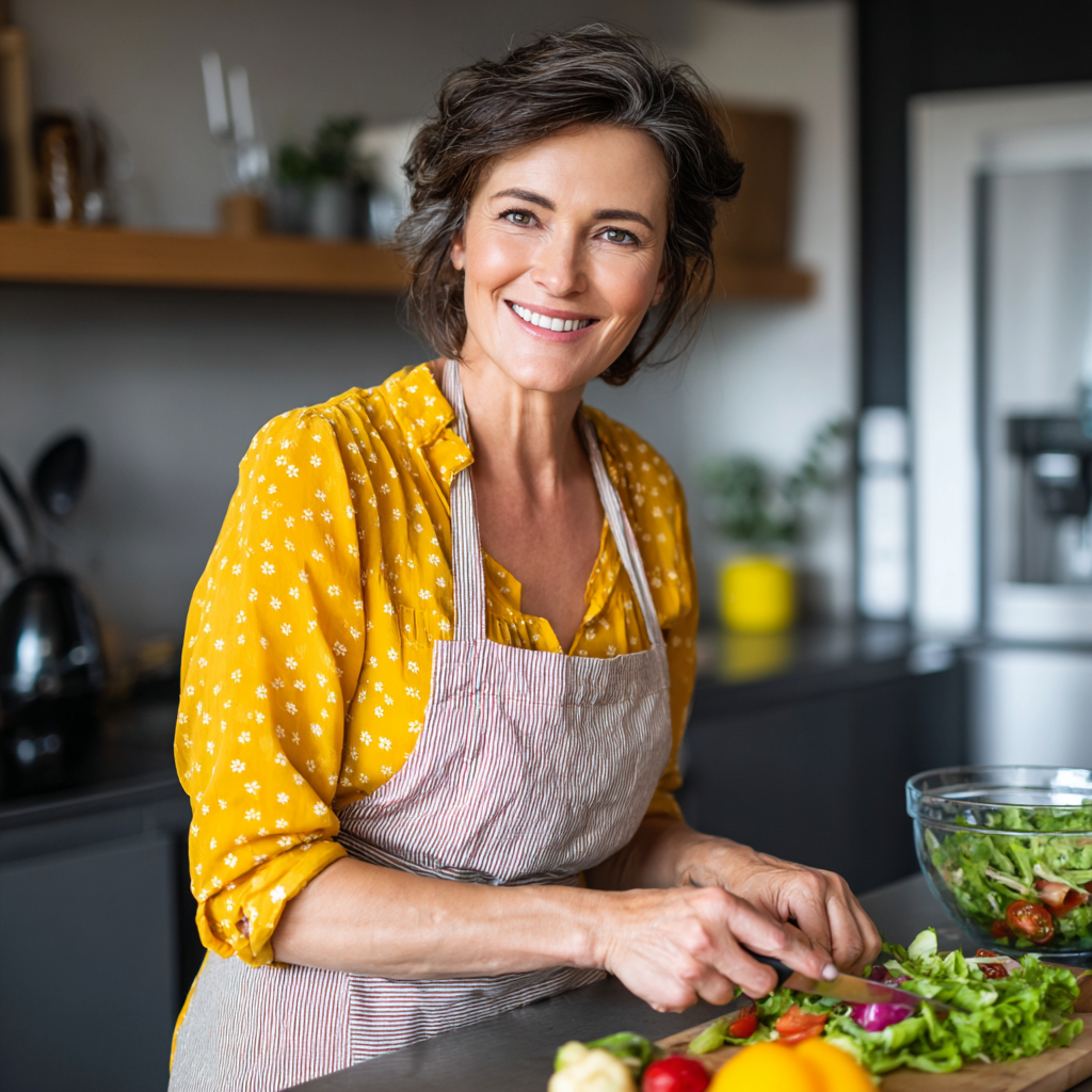 Възрастна българска двойка готви заедно здравословна храна в кухнята, усмихнати и щастливи, заобиколени от пресни зеленчуци